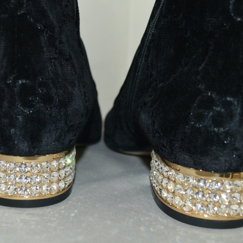 Gucci 'Mister GG' Monogram Velvet Horsebit With Rhinestone Black Boots SZ 37.5 - Picture 11 of 14